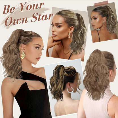 35cm Lockiger Pferdeschwanz Extension Braun Blond Highlight Wellig Clip