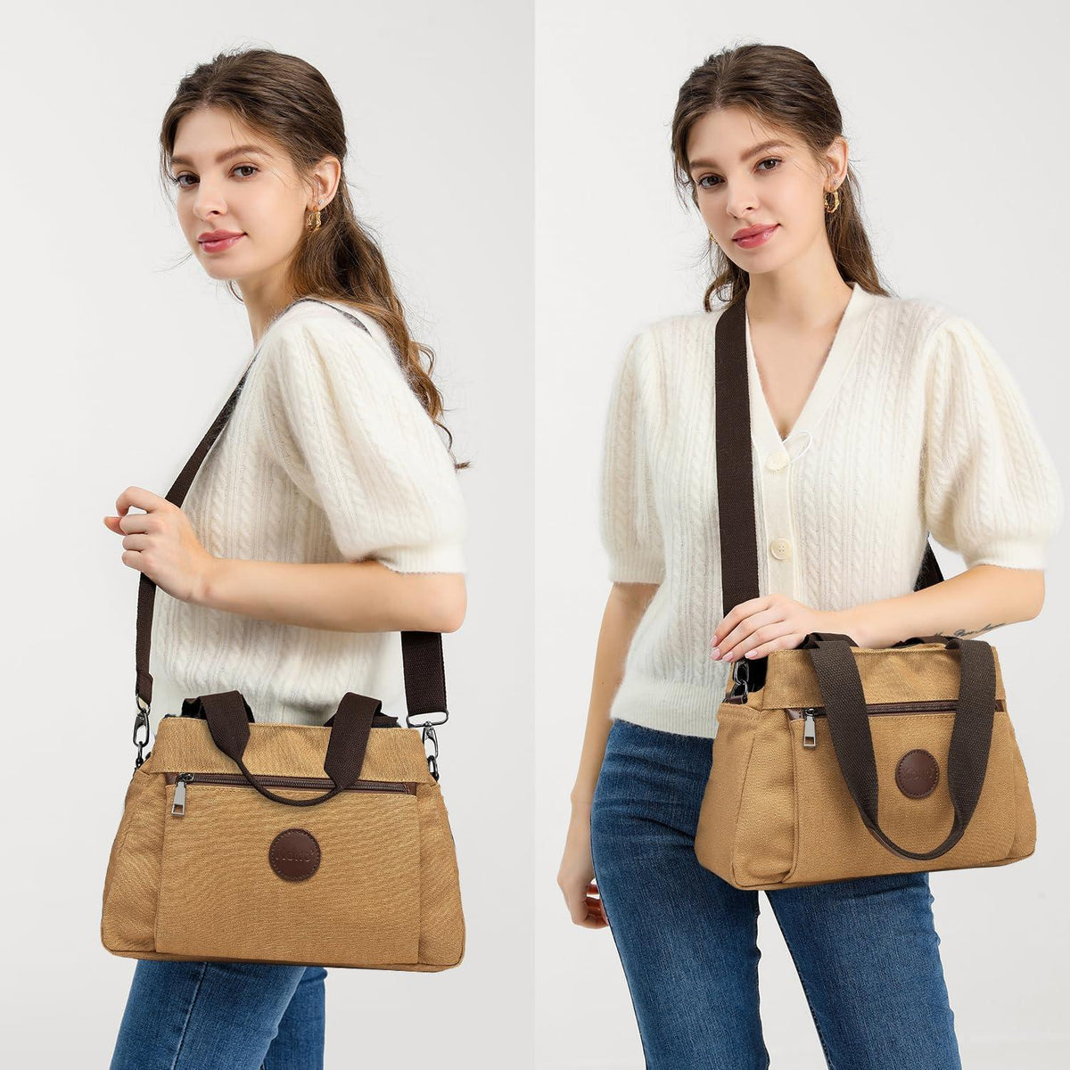 Canvas Handtasche Schultertasche Damen Braun 31x22x13cm