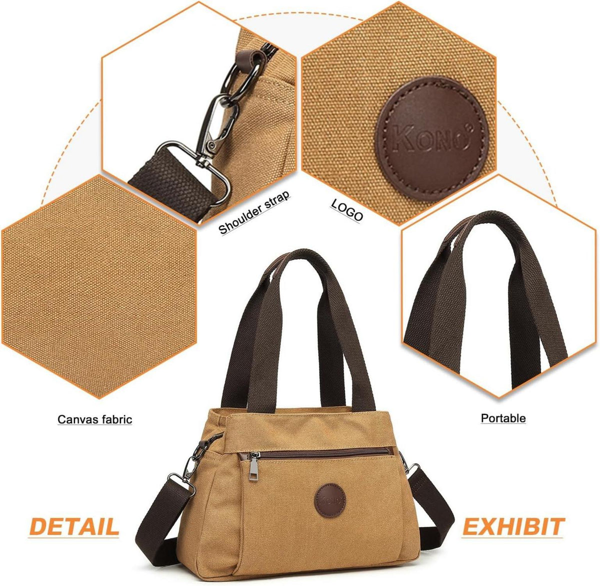 KONO Canvas Handtasche Damen Schultertasche 31x22x13cm Braun