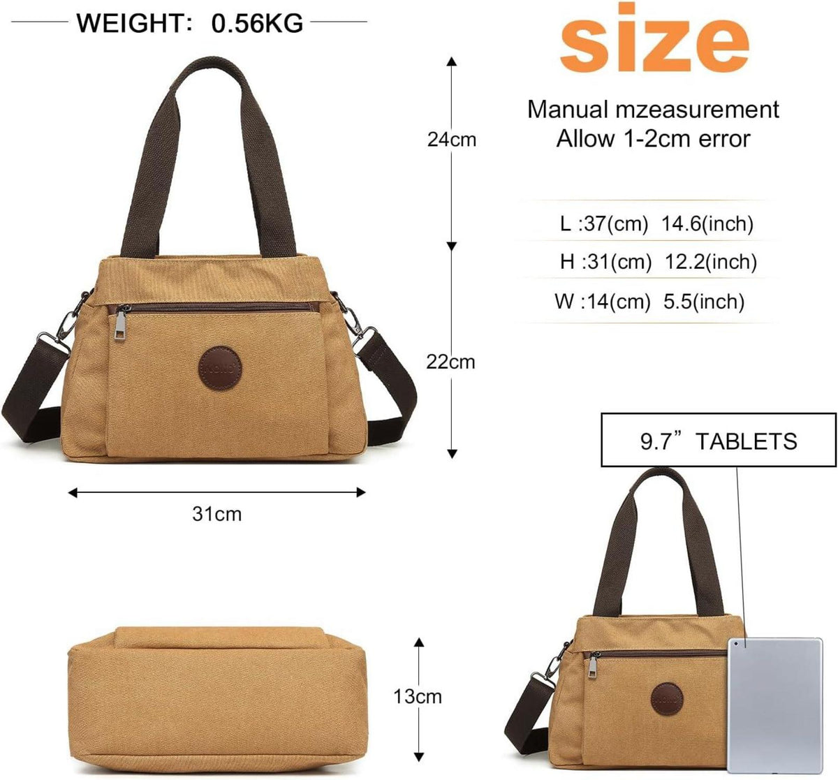 KONO Canvas Schultertasche Damen Segeltuch Handtasche Braun