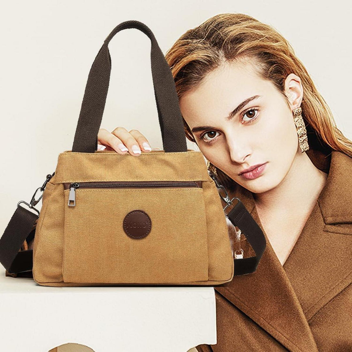 KONO Canvas Schultertasche Damen Segeltuch Handtasche Braun