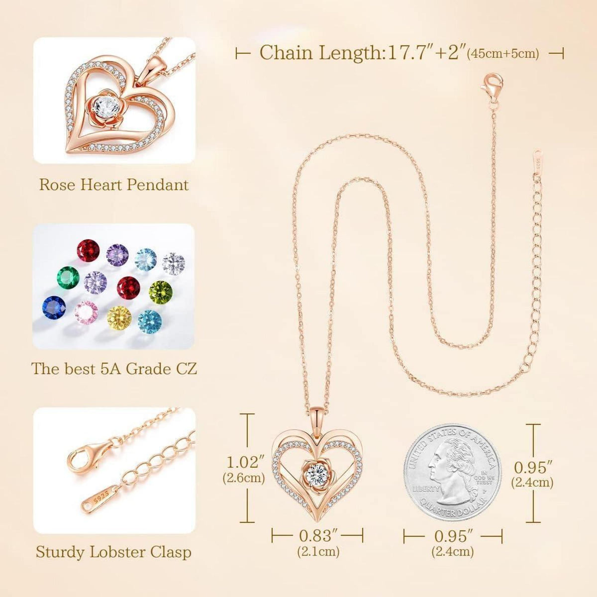 Herz Halskette Rosegold mit Geburtsstein aus 925 Sterling Silber