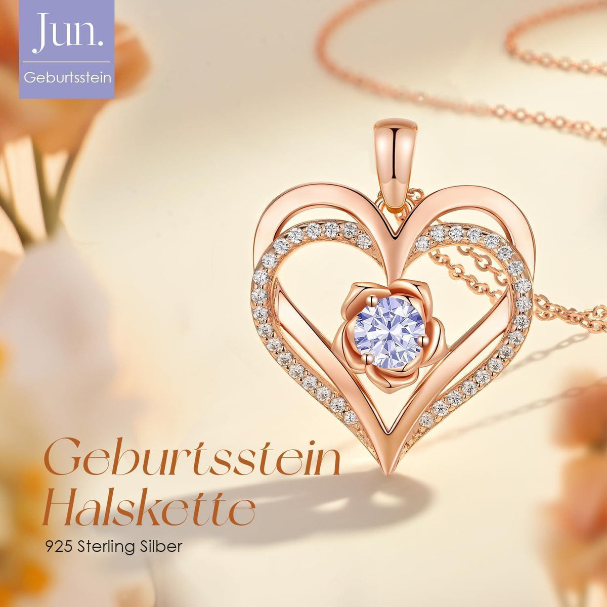 Herz Halskette mit Geburtsstein aus 925 Sterling Silber, Roségold-Beschichtung