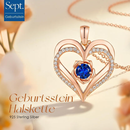 Herz Halskette mit Geburtsstein aus 925 Sterling Silber Rosegold