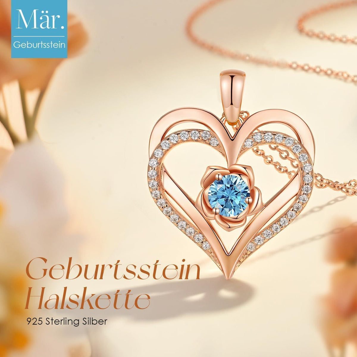 Herz Halskette mit Geburtsstein aus 925 Sterling Silber, Roségold-Beschichtung