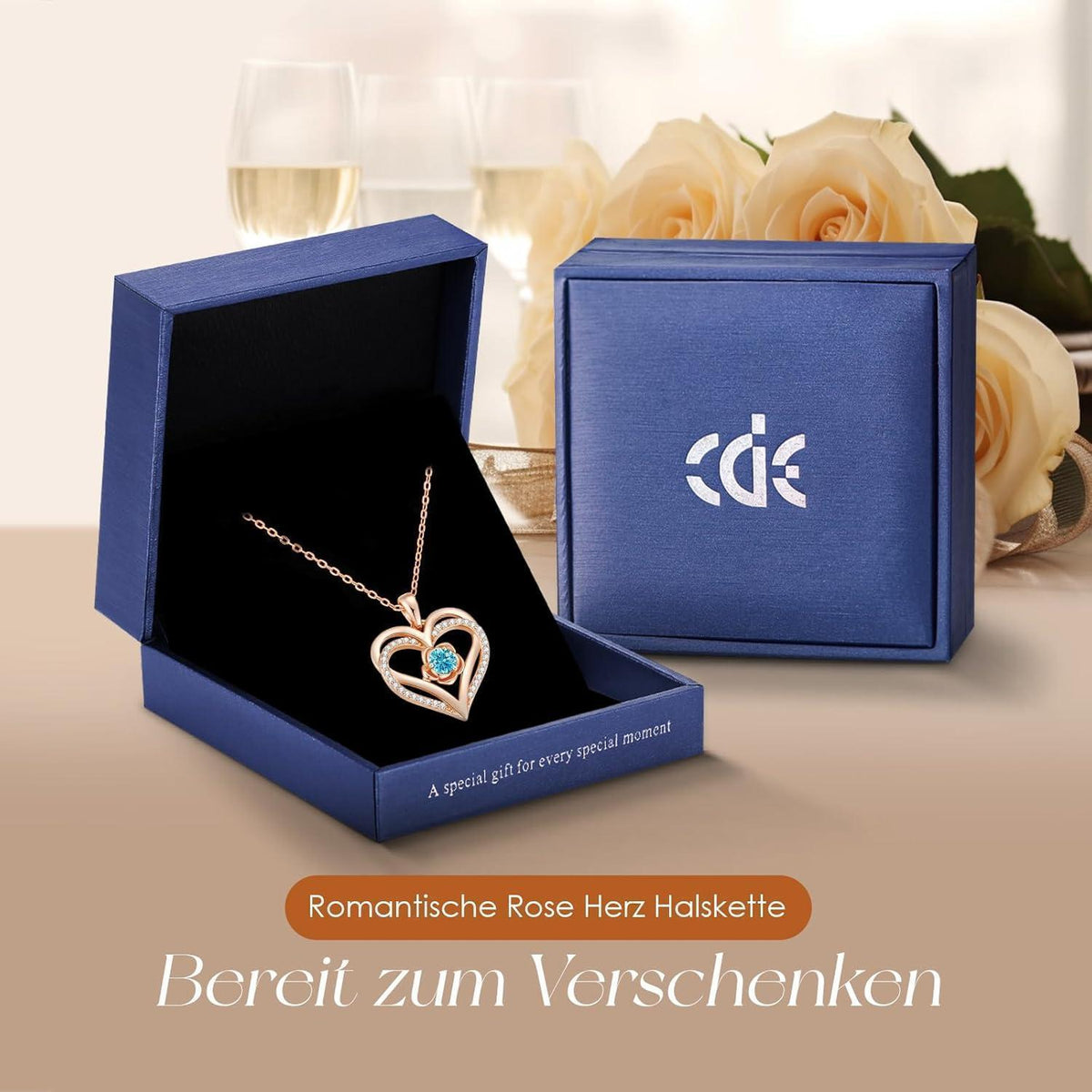 Herz Halskette mit Geburtsstein aus 925 Sterling Silber Rosegold