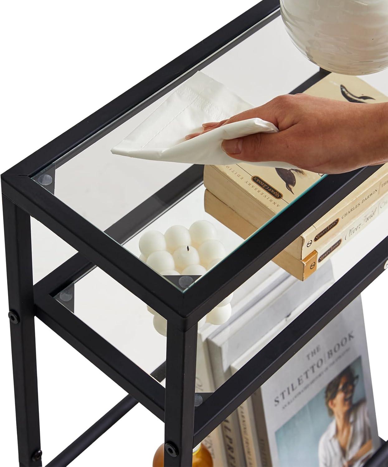 Beistelltisch mit Zeitschriftenhalter, 3 Etagen, schwarz, Wohnzimmer, Schlafzimmer