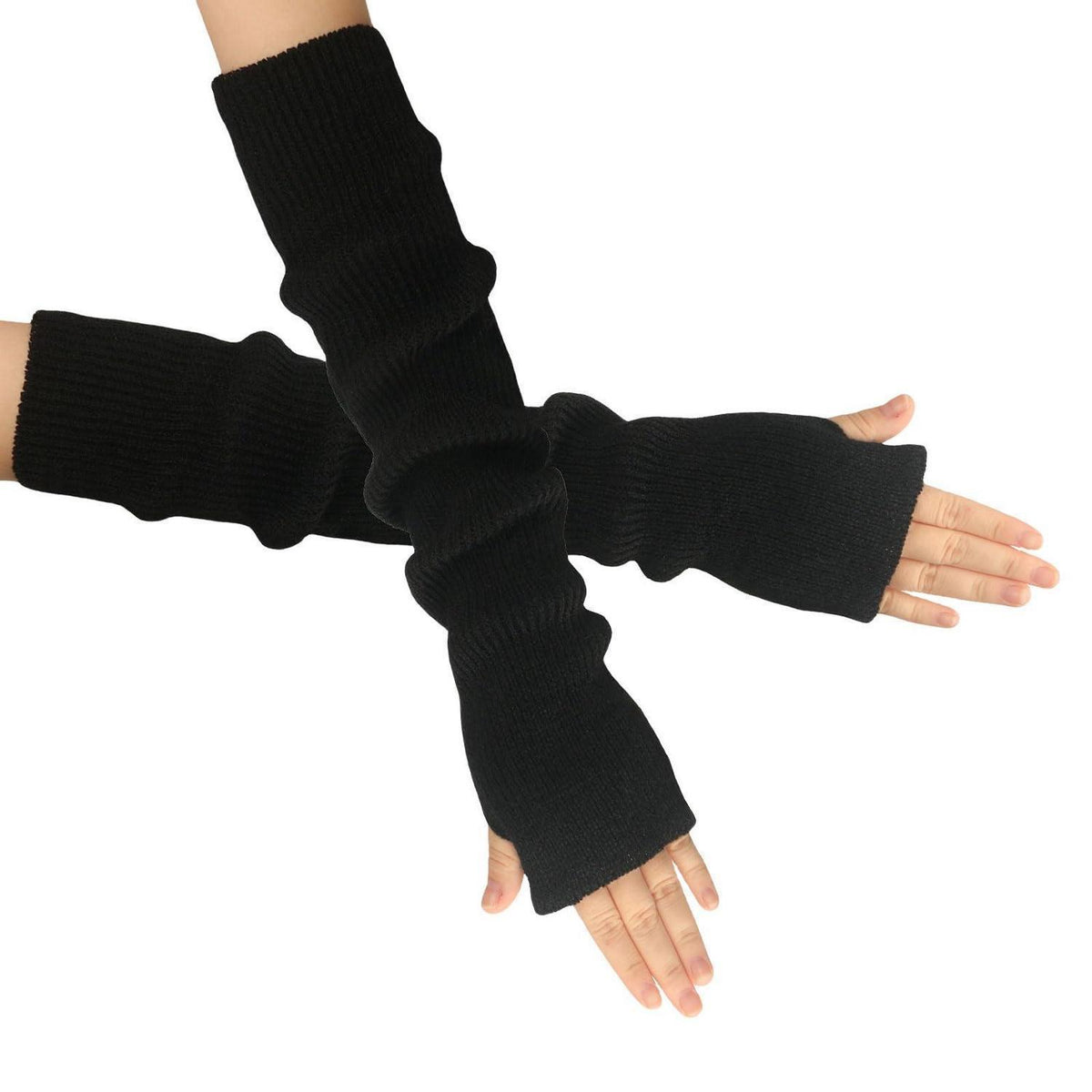 Armstulpen Damen Lang Gestrickt mit Daumenloch Schwarz