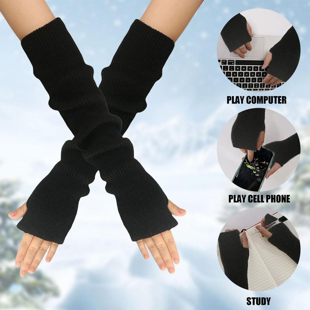 Armstulpen Damen Lang Gestrickt mit Daumenloch Schwarz