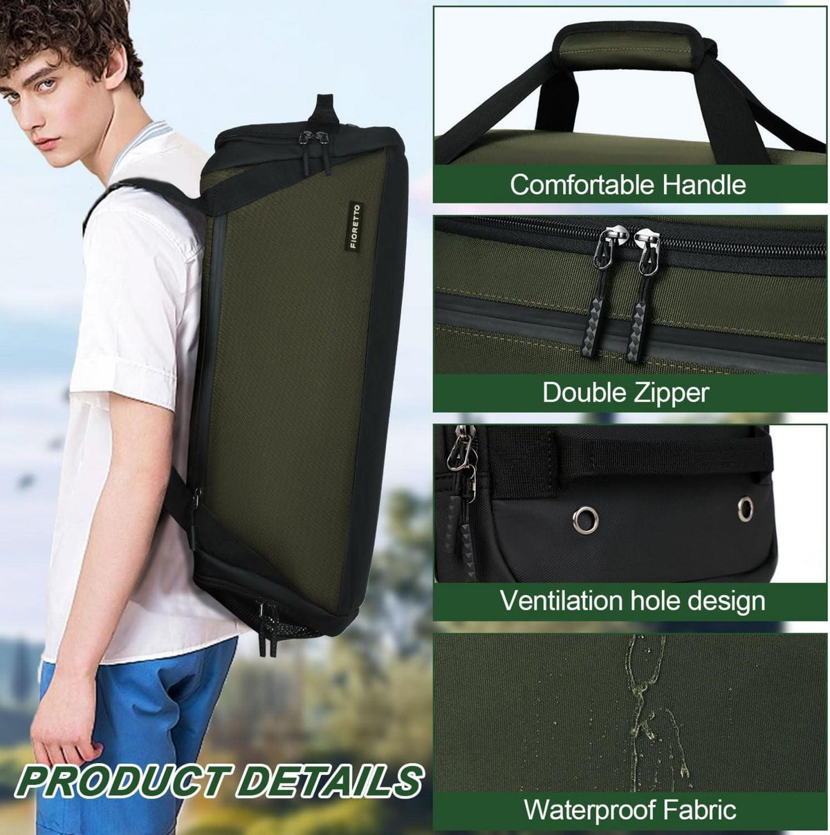 Sporttasche & Reisetasche 43L für Damen & Herren mit Schuhfach & Nassfach Green