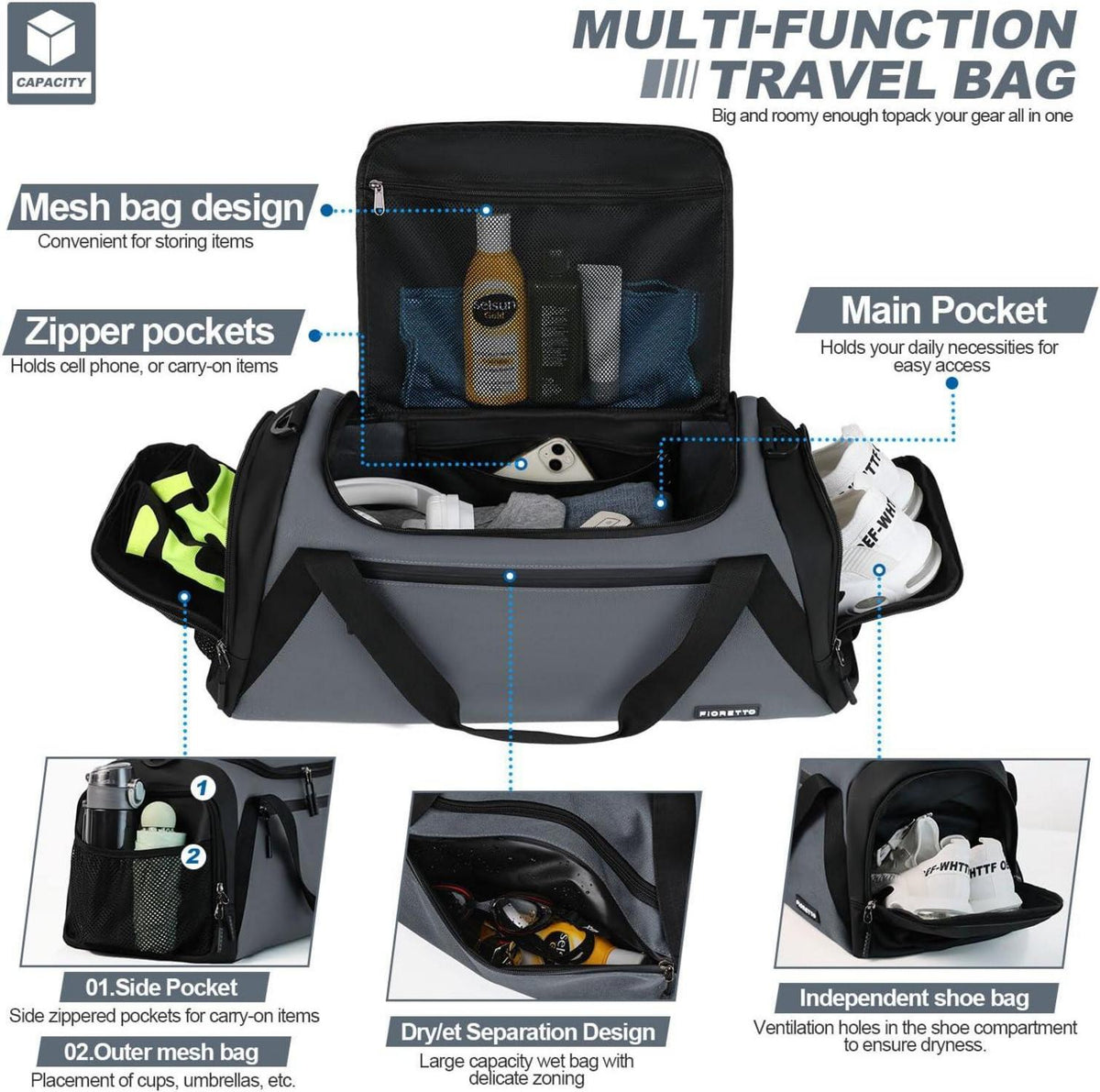 Sporttasche Reisetasche 43L Damen Herren Schuhfach Nassfach