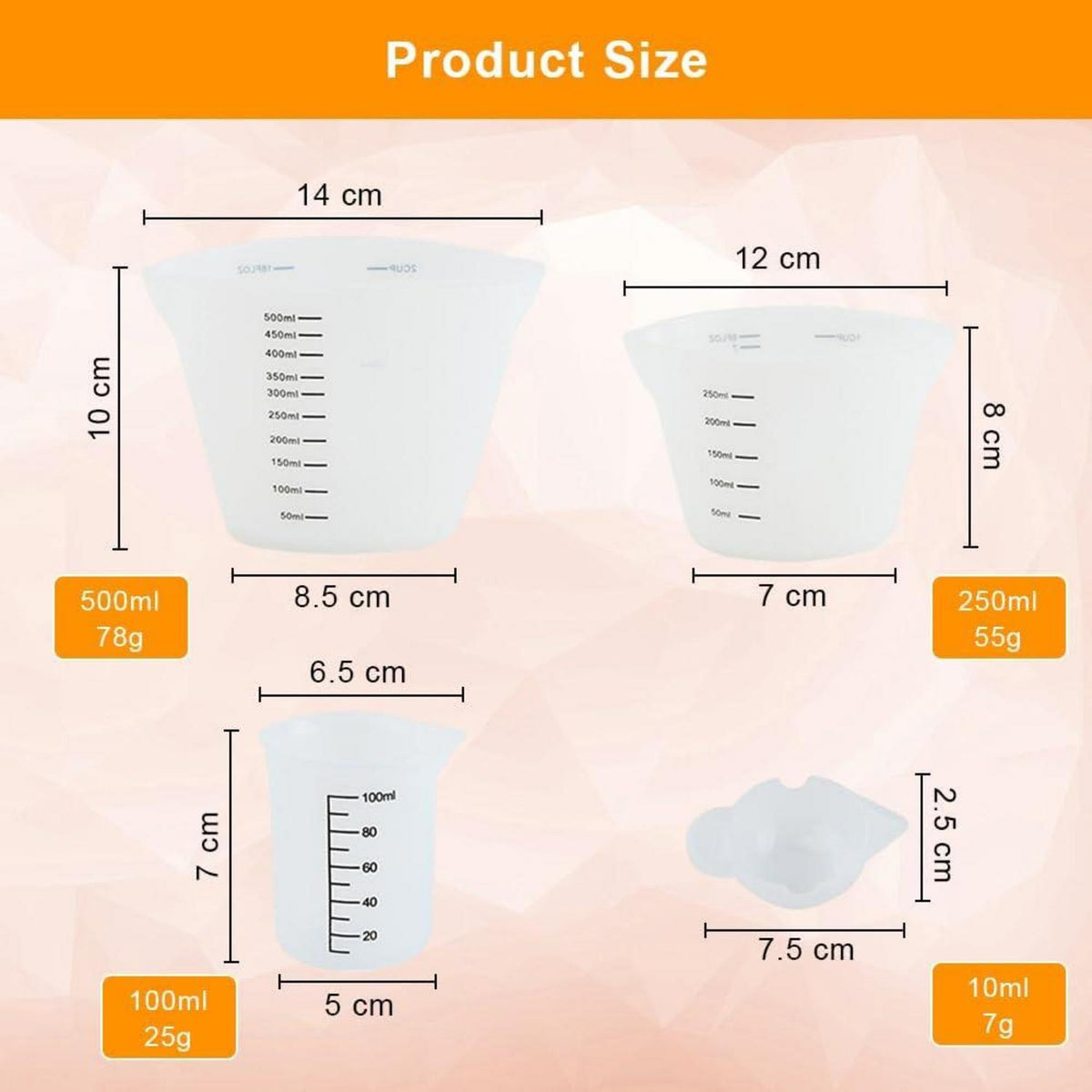 Silikon Messbecher Set 6-teilig 500ml 250ml 100ml 10ml Clear