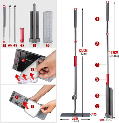 HEVOL Flach Wischmopp Set mit 6 Wiederverwendbaren Wischpads, 360° Drehbarer Flachmopp, Mikrofaser Wischer für Alle Bodentypen