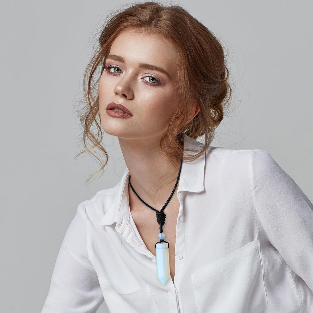 Kristallkette mit Opal Anhänger, verstellbares Seil, Damen & Herren in Lederoptik