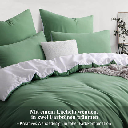 Bettwäsche Set 200x220cm Grün Weiß Mikrofaser 3tlg Wendebettwäsche