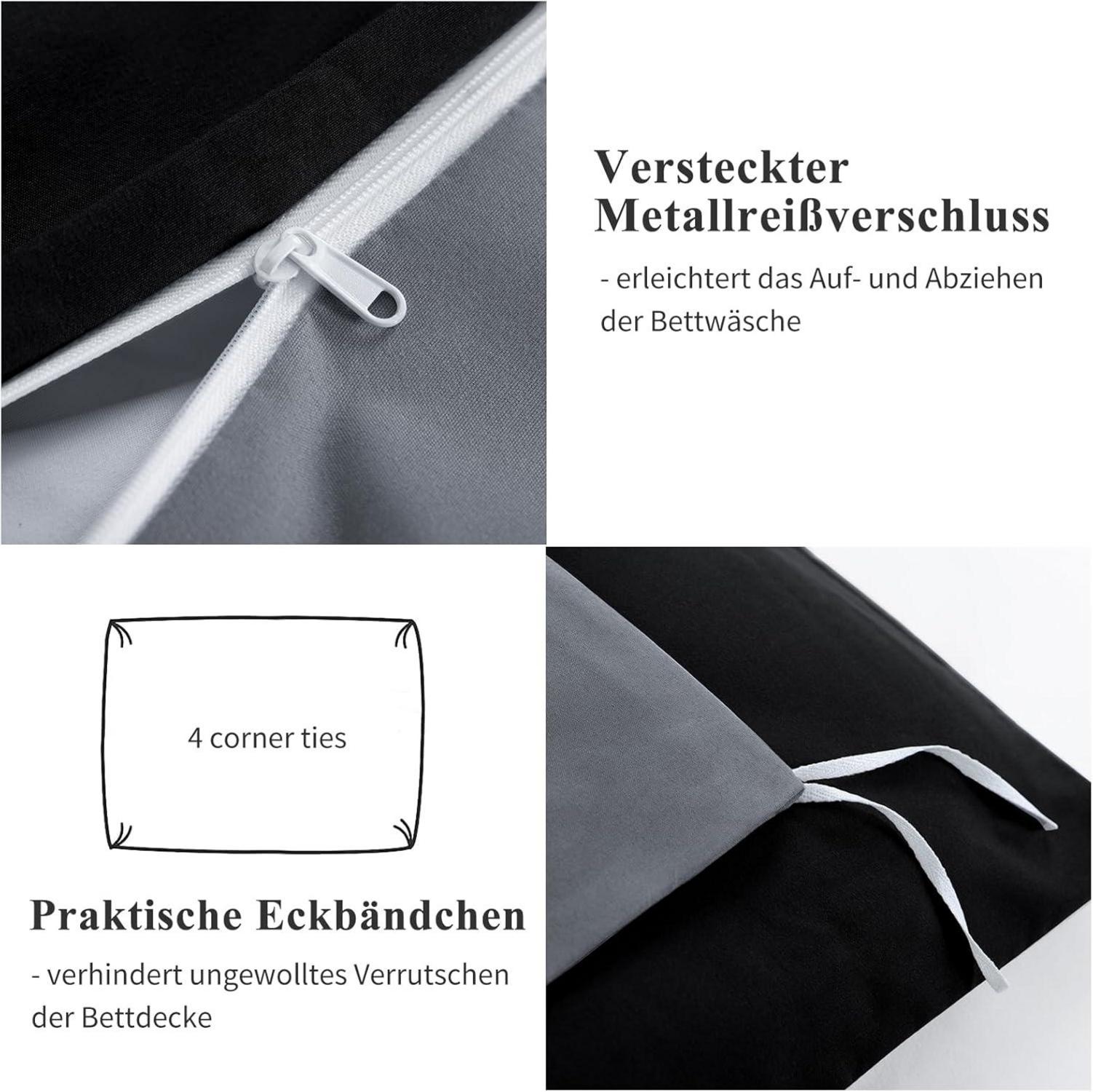 Bettwäsche 135x200 Schwarz Wendebettwäsche 4tlg Reißverschluss