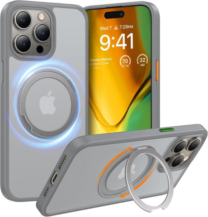 iPhone 15 Pro Hülle Magnetischer Ring Ständer MagSafe Grau Luxus