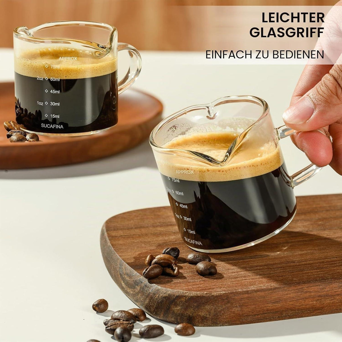 Espresso Messbecher Set 75ml Borosilikatglas mit Henkel