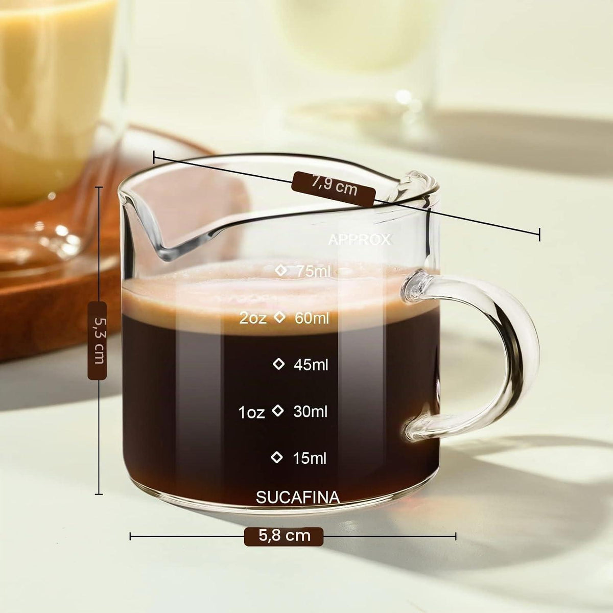 Espresso Messbecher Set 75ml Borosilikatglas mit Henkel