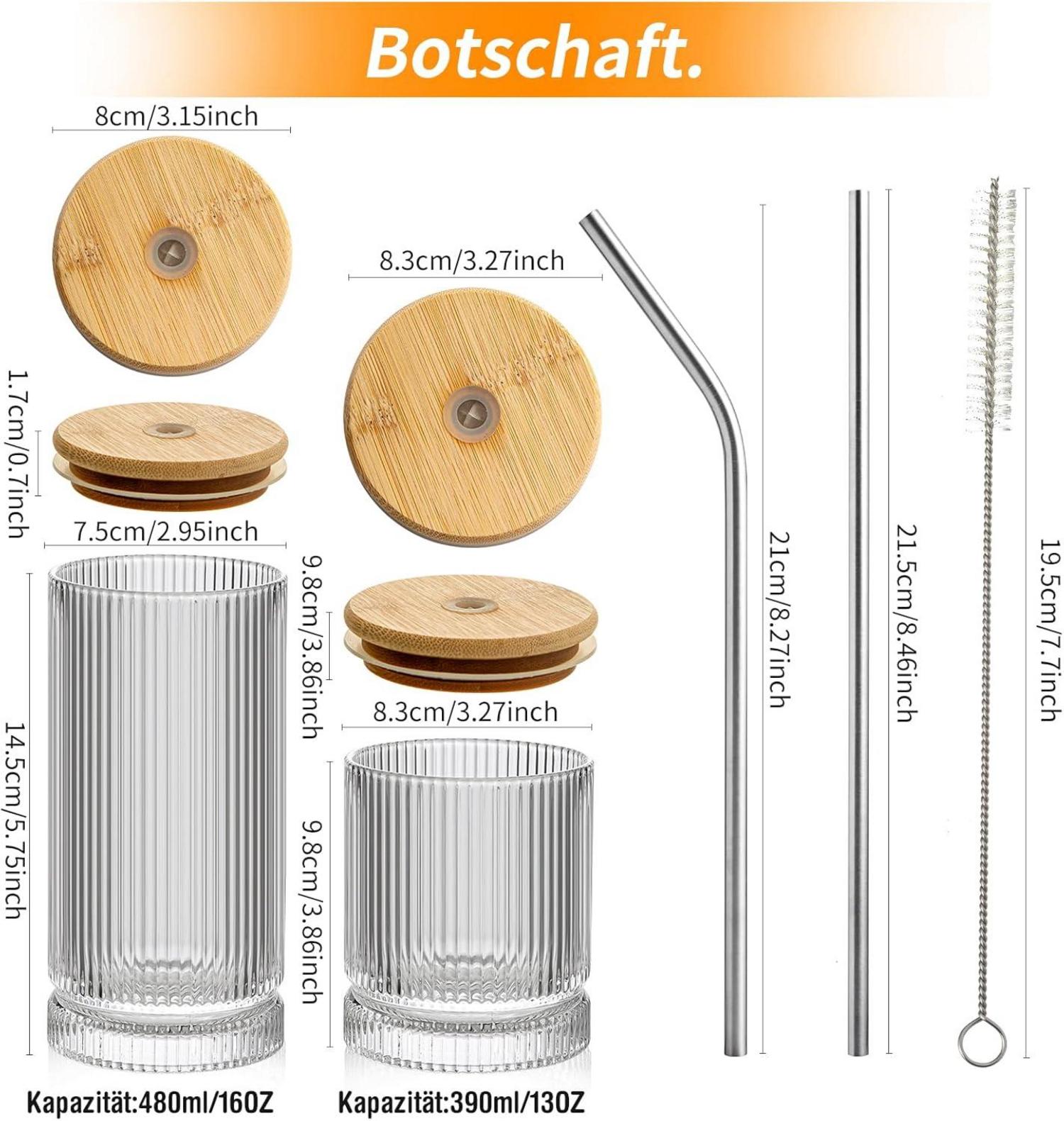 Geriffelte Gläser Set 6-teilig mit Deckel und Strohhalm