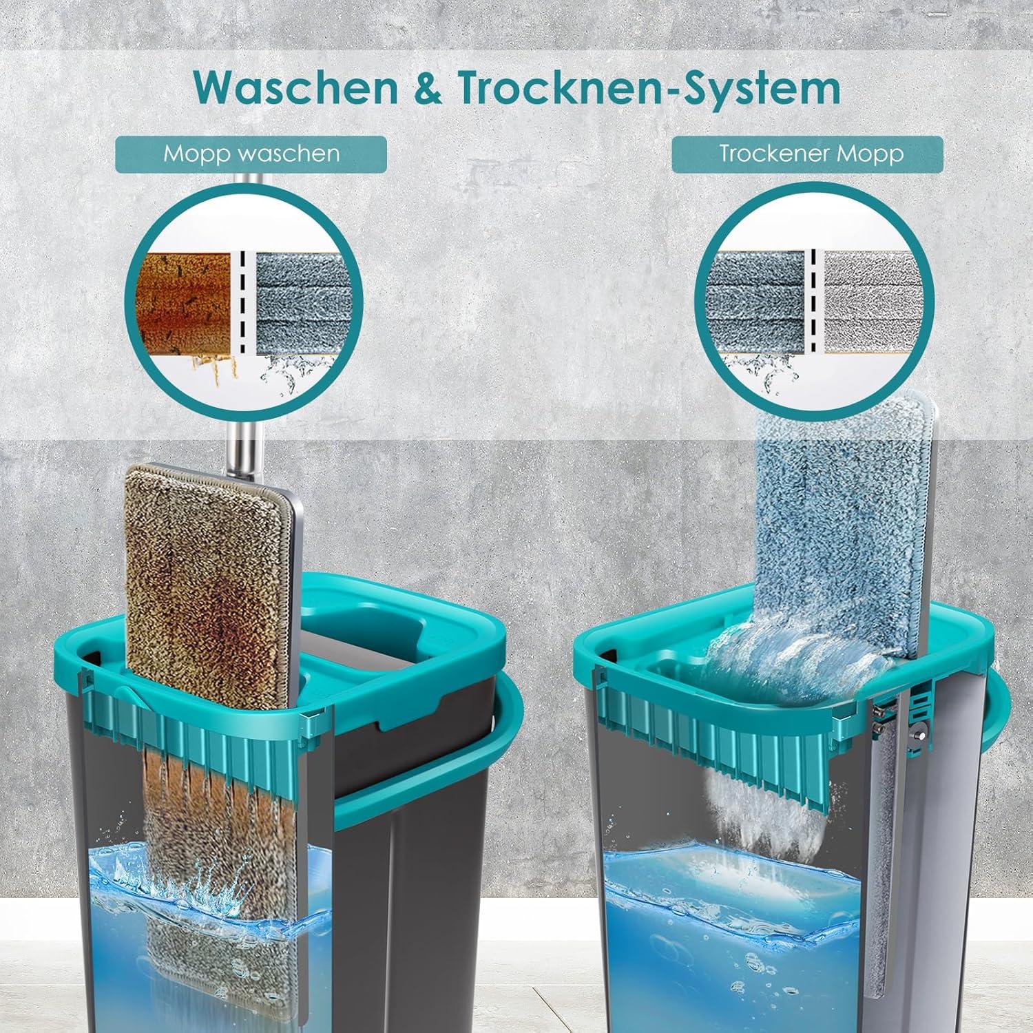 Wischmopp Set mit Eimer und Mikrofaser Pads in 140 cm Edelstahlgriff