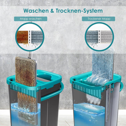 Wischmopp Set mit Eimer und Mikrofaser Pads in 140 cm Edelstahlgriff