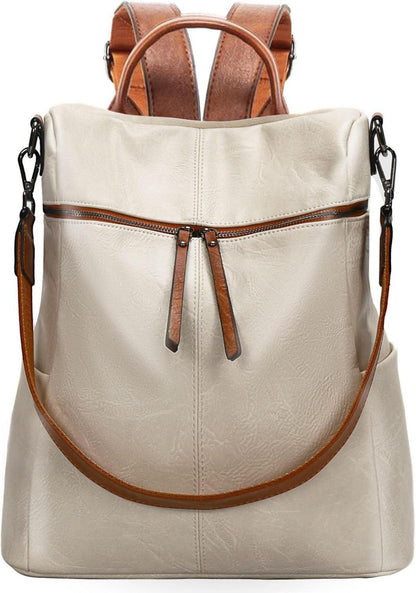Damen Rucksack aus veganem Leder wasserdicht Beige 31x14.5x36 cm