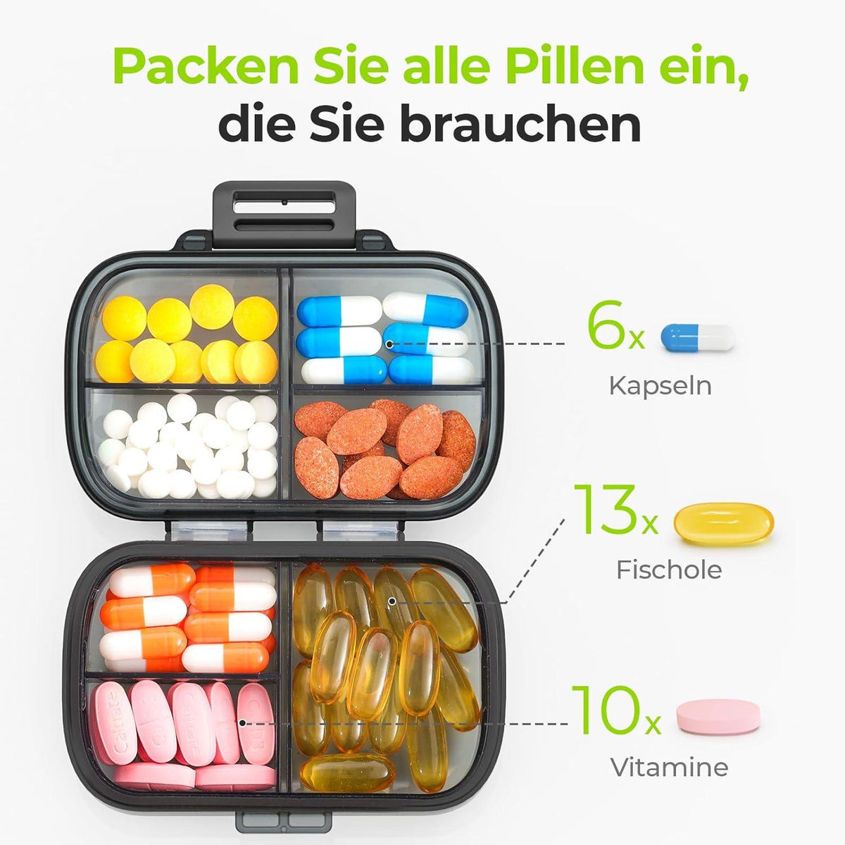 AUVON Tablettenbox 7 Tage mit Ergonomischem Verschlusssystem, Schwarz