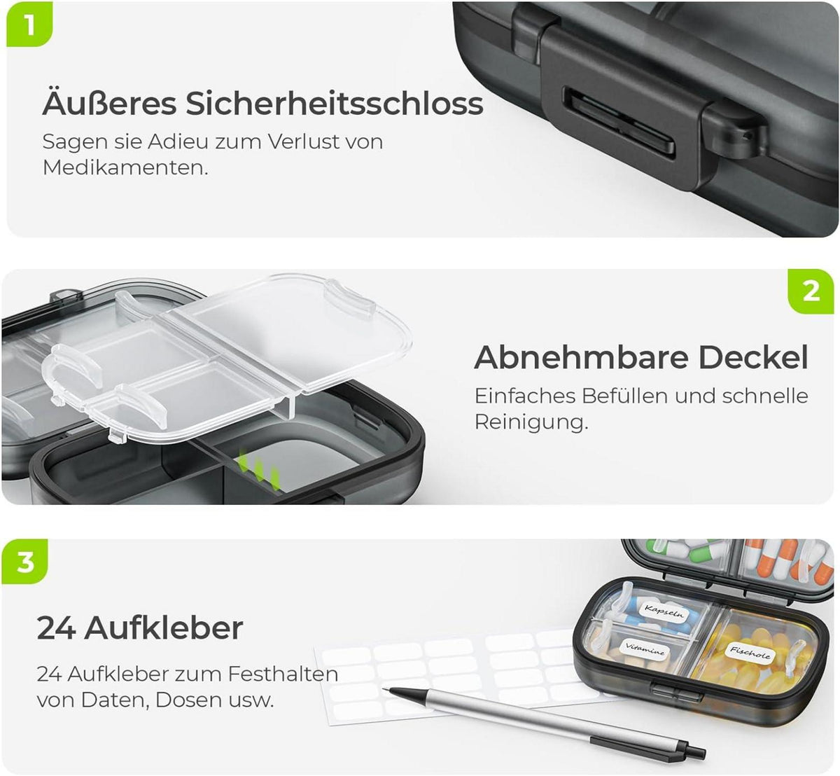 Tablettenbox 7 Tage Tragbare Pillendose mit 7 Fächern Schwarz