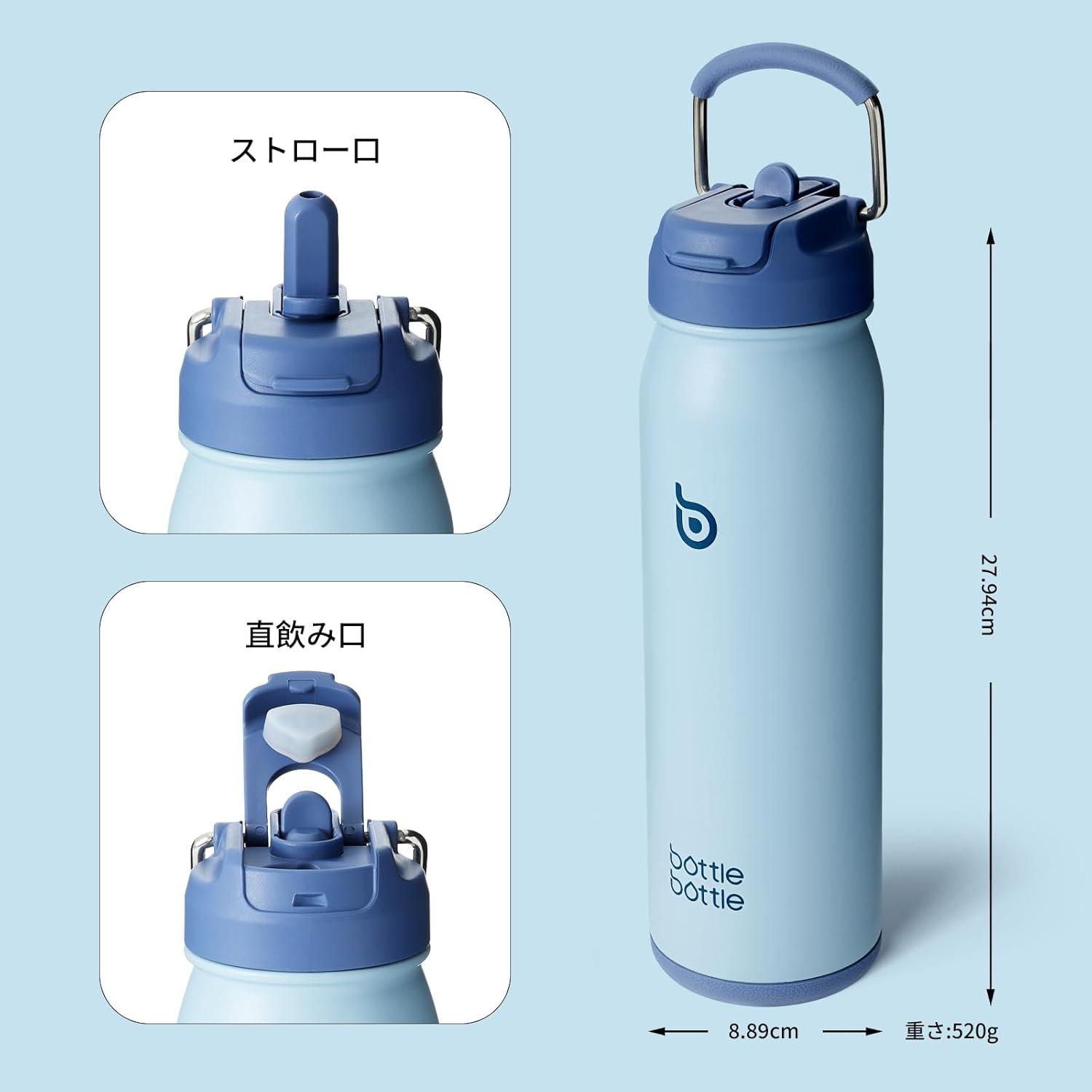 Edelstahl Trinkflasche mit Strohhalm und Pillenfach, isoliert, 24oz (709ml), blau