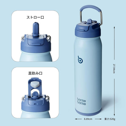 Edelstahl Trinkflasche mit Strohhalm und Pillenfach, isoliert, 24oz (709ml), blau