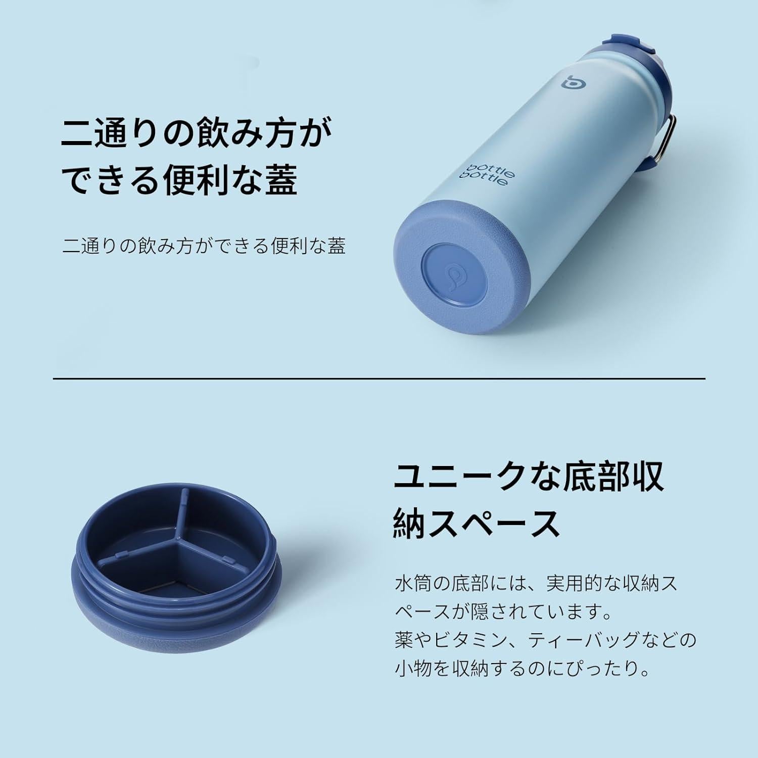 Edelstahl Trinkflasche 24oz Strohhalm Griff Pillenfach isoliert Blau