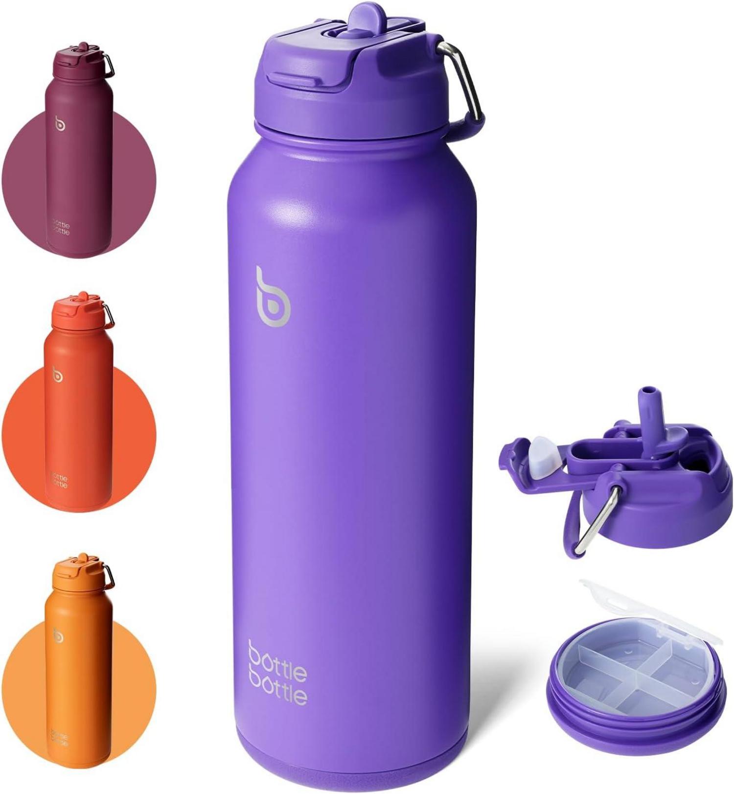 Sport-Trinkflasche Edelstahl isoliert Strohhalm Pillenhalter 1,2 l