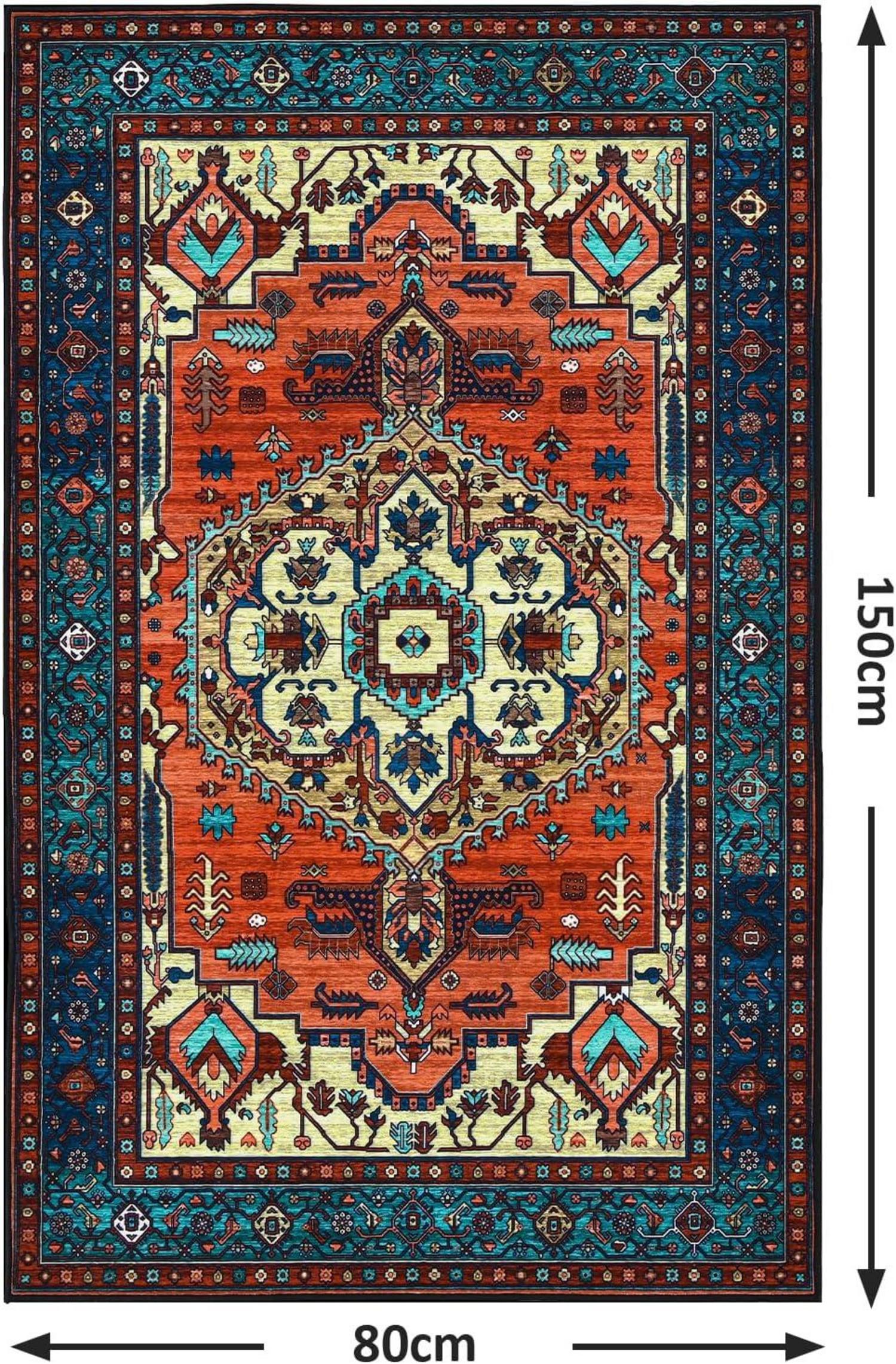 Boho Kurzflor Teppich Vintage Design Rot Waschbar 80 x 150