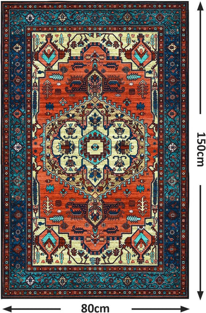 Boho Kurzflor Teppich Vintage Design Rot Waschbar 80 x 150