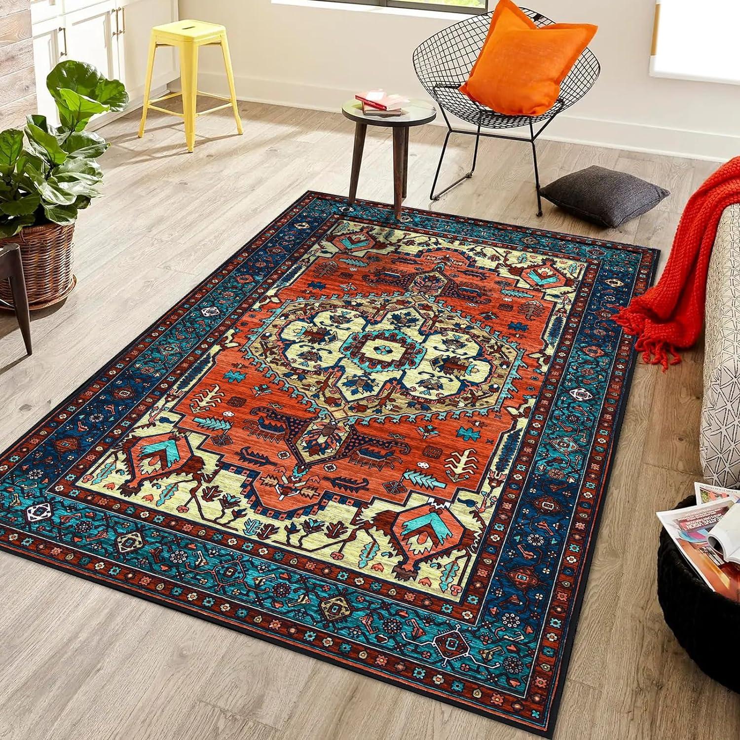 WONGS BEDDING Boho Teppich Kurzflor Vintage Design Rot 80x150cm