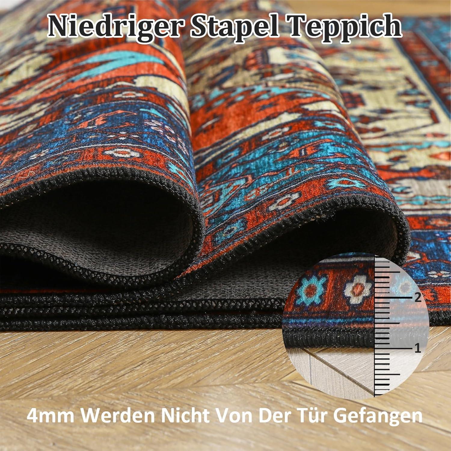 Vintage Boho Teppich Kurzflor Waschbar Weich rutschfest Rot 80x150 cm