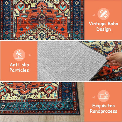 Boho Teppich Vintage Design Kurzflor Waschbar Rot 80x150 cm