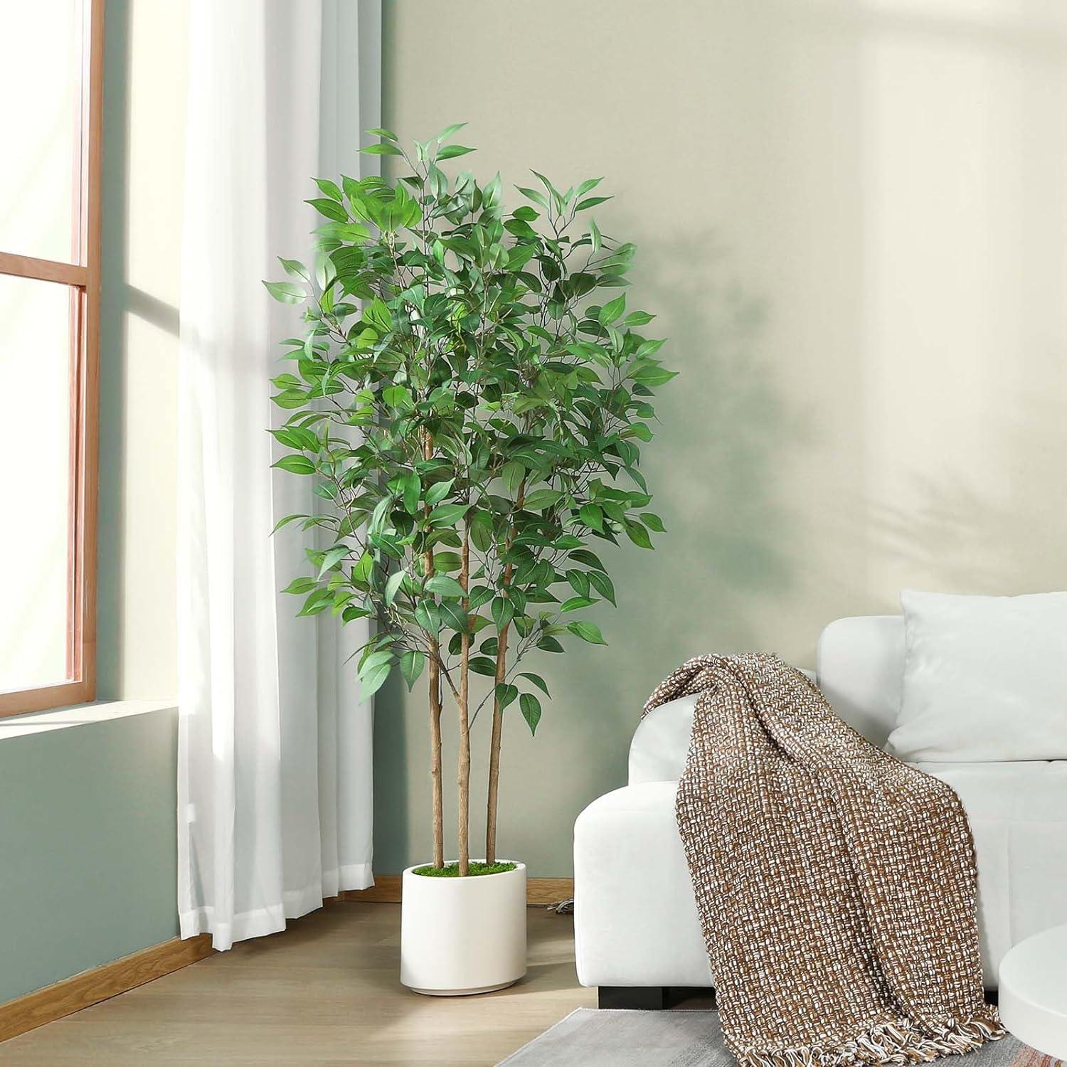 Künstlicher Ficus-Baum 150cm Kunstpflanze Weiß Übertopf 1er-Set