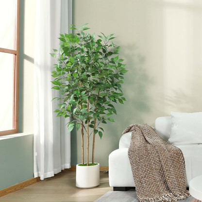 Künstlicher Ficus-Baum 150cm Kunstpflanze Weiß Übertopf 1er-Set