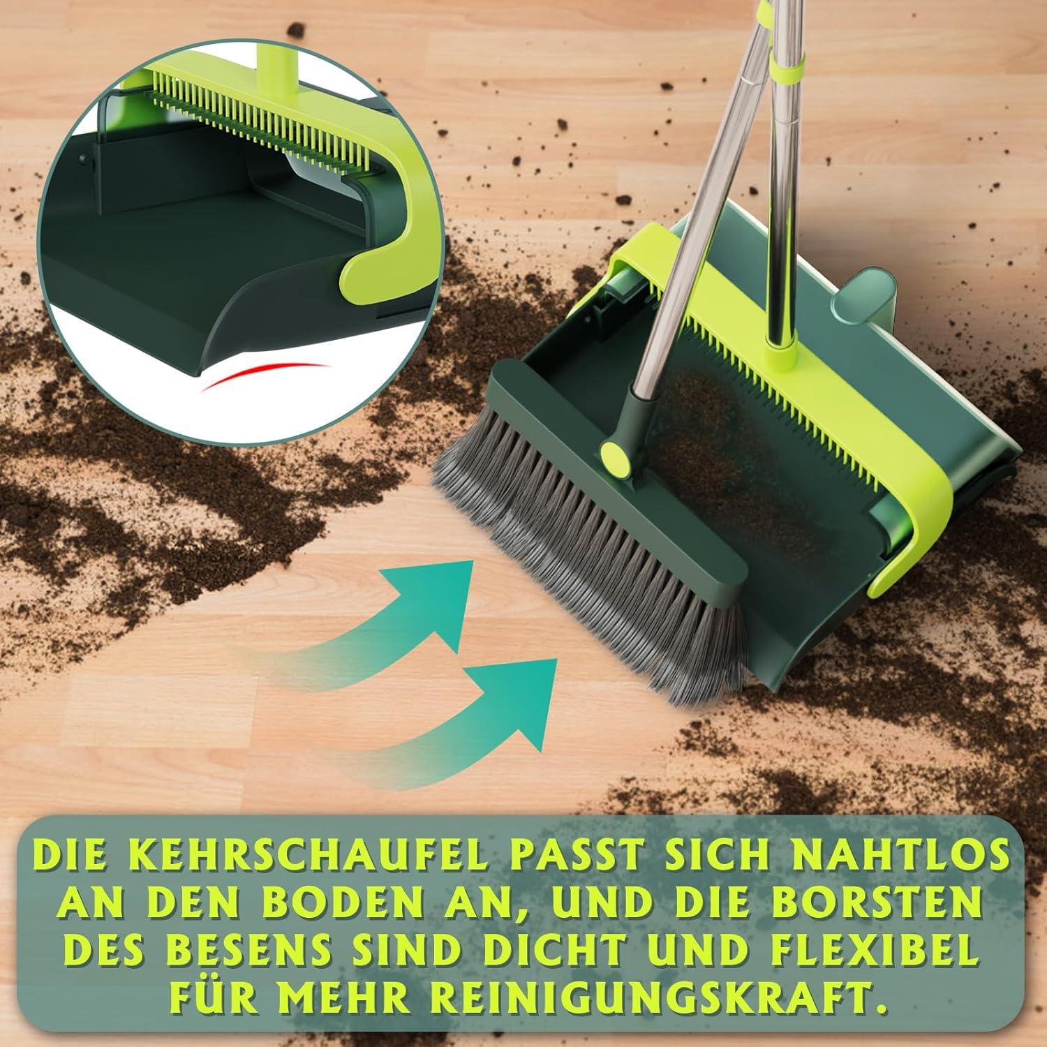 Masthome Besen und Kehrschaufel Set mit Langem Griff, 180 Grad Drehbar, Grüner