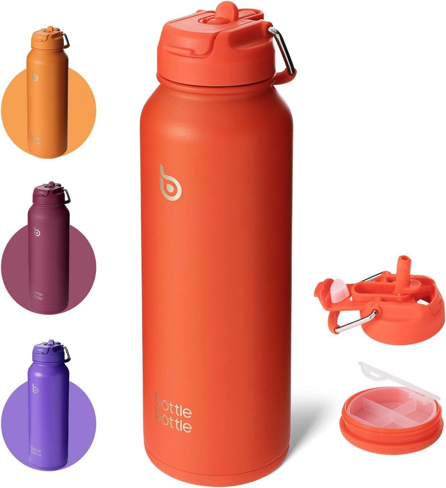 Isolierte Sport-Trinkflasche mit Strohhalm, Pillenhalter 1,2 l