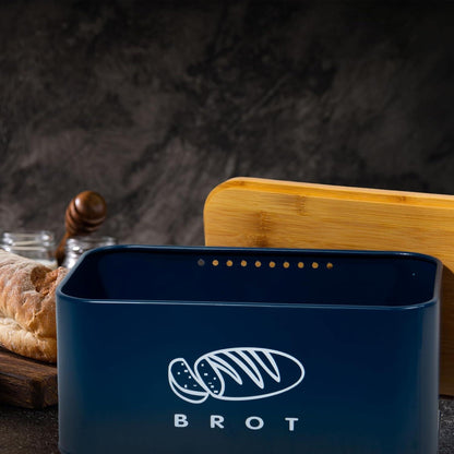 Brotkasten Retro Style Dunkelblau Metall Bambus 30cm x 18cm x 14cm