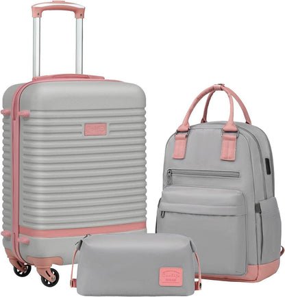 COOLIFE Hartschalen Koffer Set 3tlg Grau/Rosa ABS Rollen TSA-Schloss