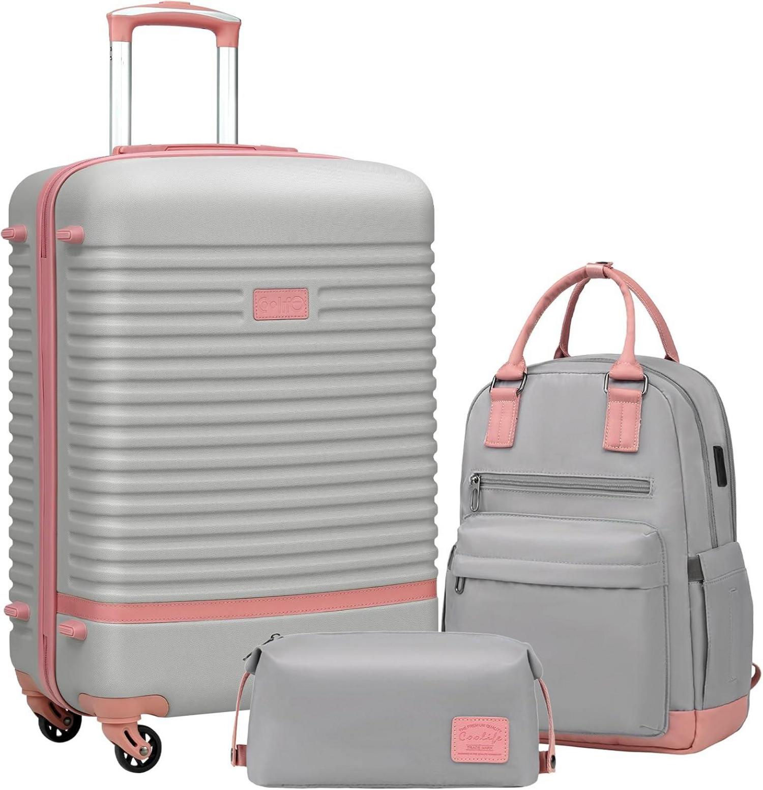 COOLIFE Hartschalenkoffer Set 3tlg Mittlerer Reisekoffer Grau/Rosa
