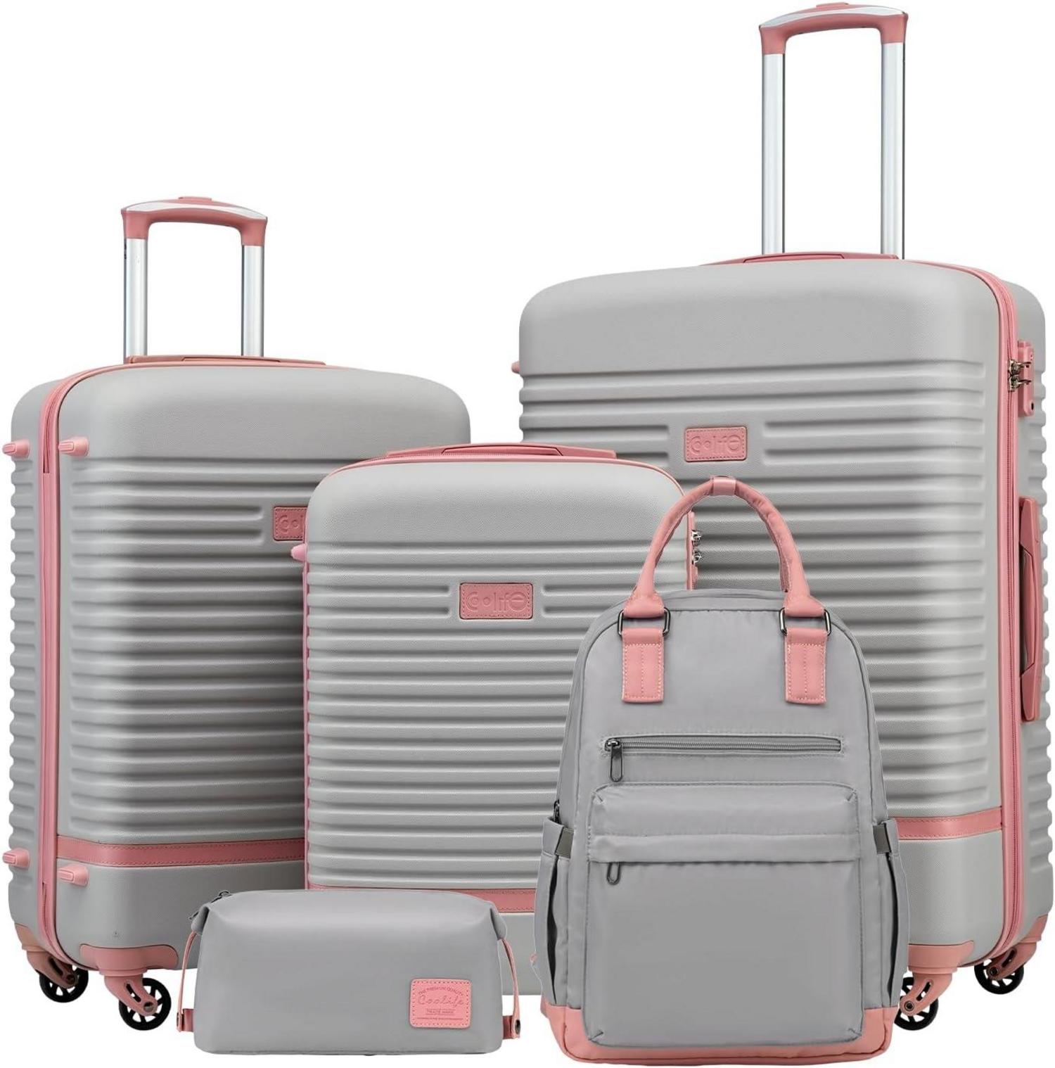 Koffer-Set 5tlg Hartschalen-Trolley mit TSA-Schloss Grau/Rosa