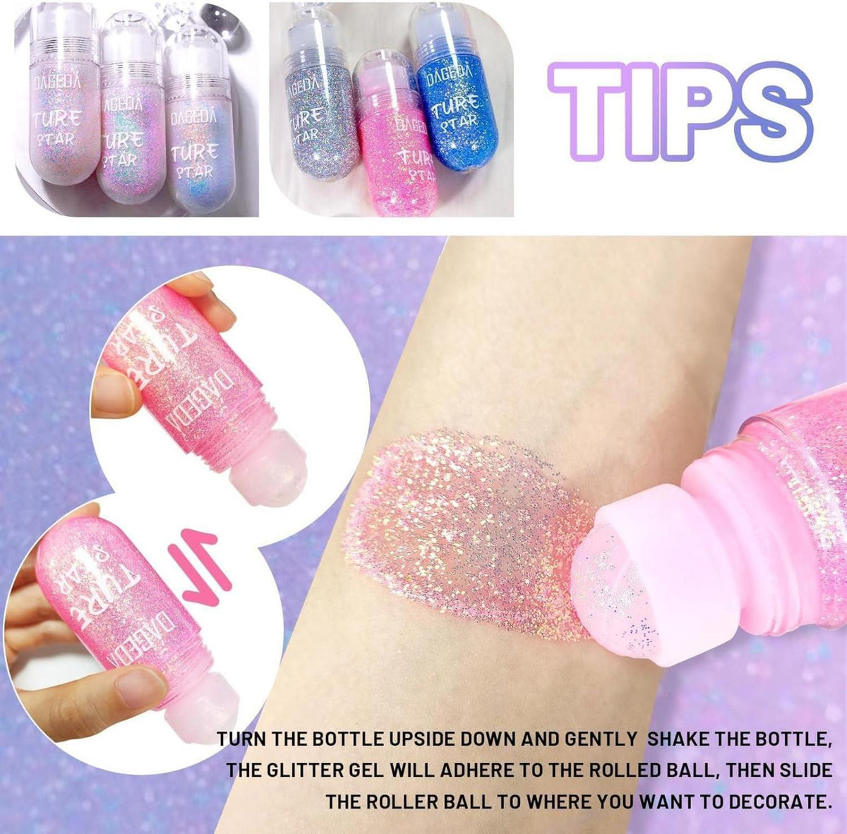 Roll-on Glitter Gel for Face Body Hair - Color Change Sparkle Makeup