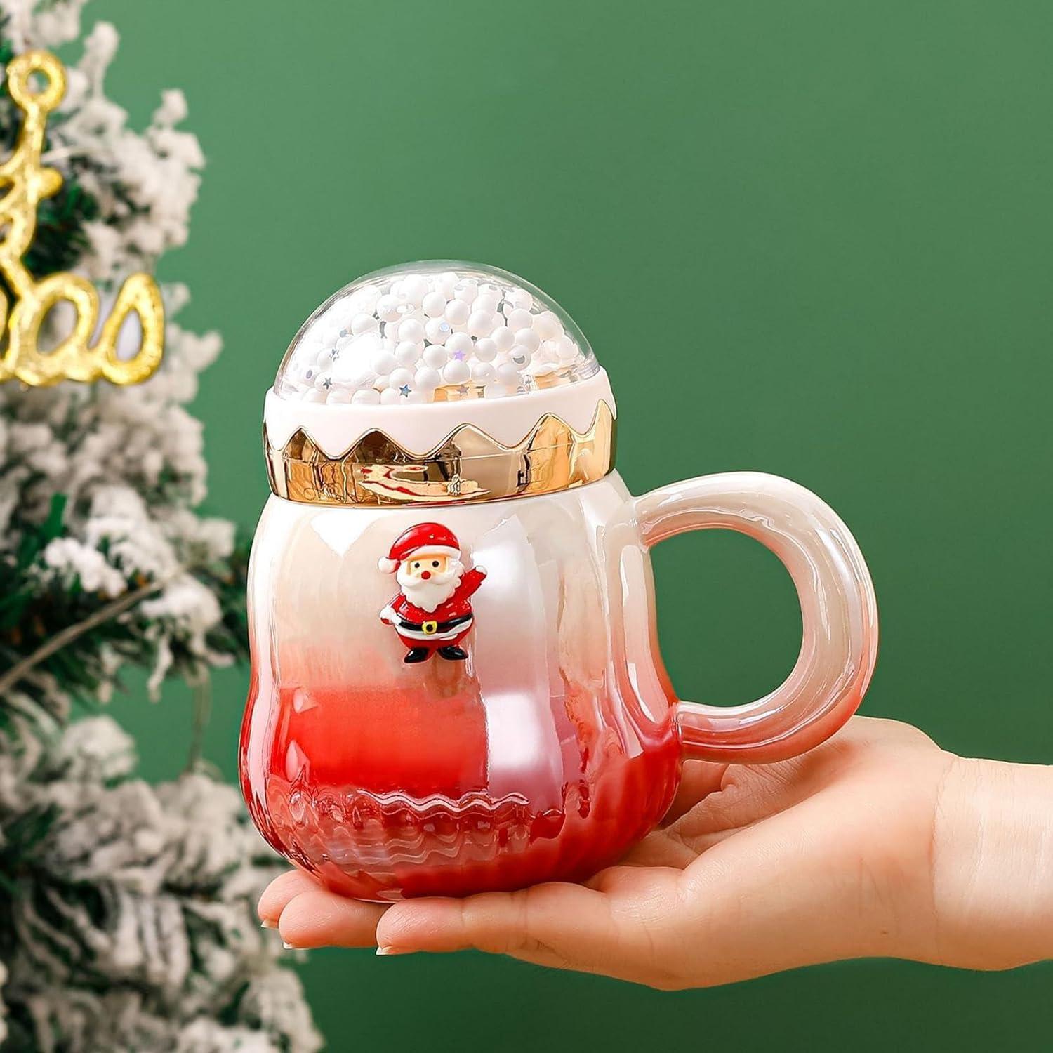 Weihnachtstasse Keramik Perlenglanz Deckel Kaffeebecher Rot