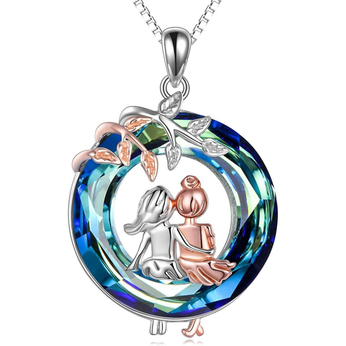 Schwestern Halskette Sterling Silber Infinity Herz Blauer Kristall