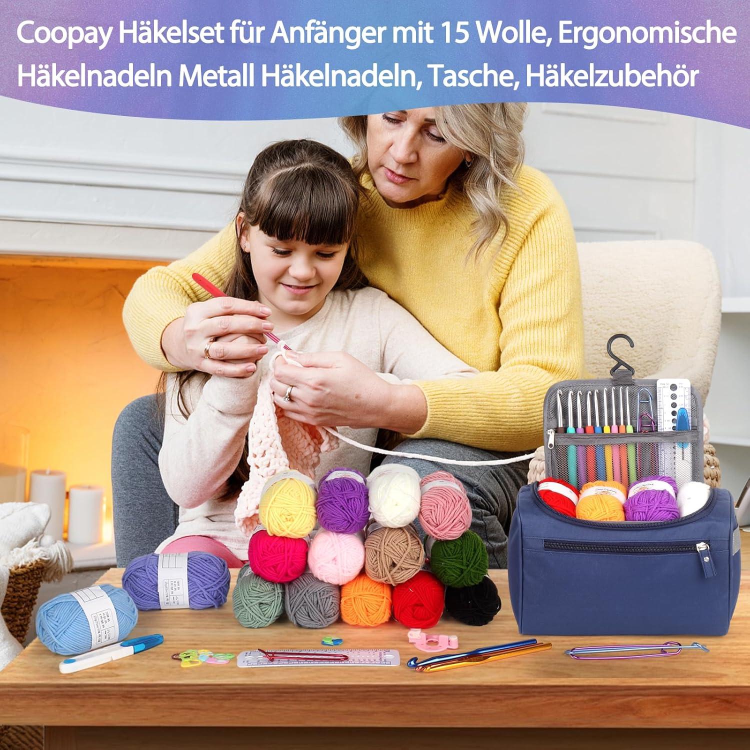 Tragbares Häkelset für Anfänger mit 15 Wolle, Tasche, Zubehör - Dunkelblau